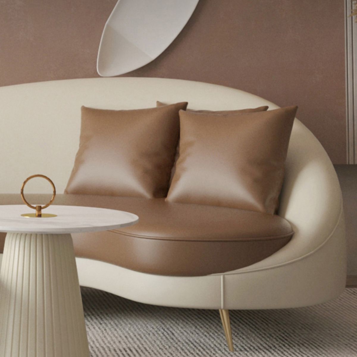 Faux Leather Curved Sofa Contemporary Sloped Arm Sofa for Living Room