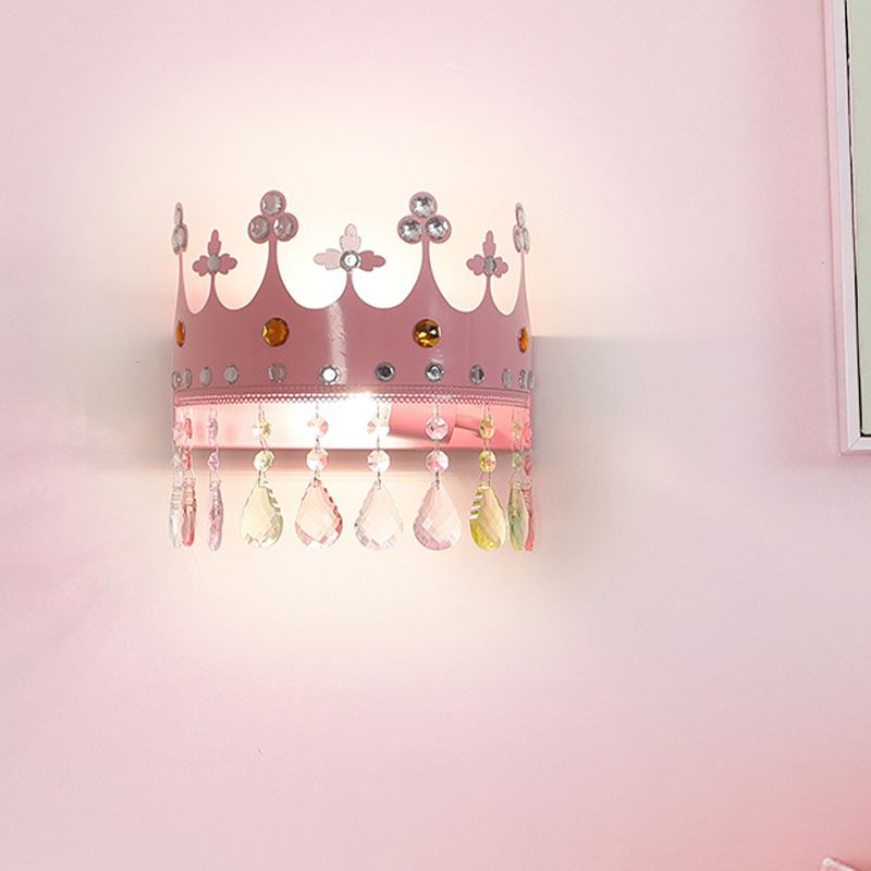 Crown Sconce Light Fixture Cartoon Iron LED Pink/Gold Wall Mount Light with Crystal Drop Deco