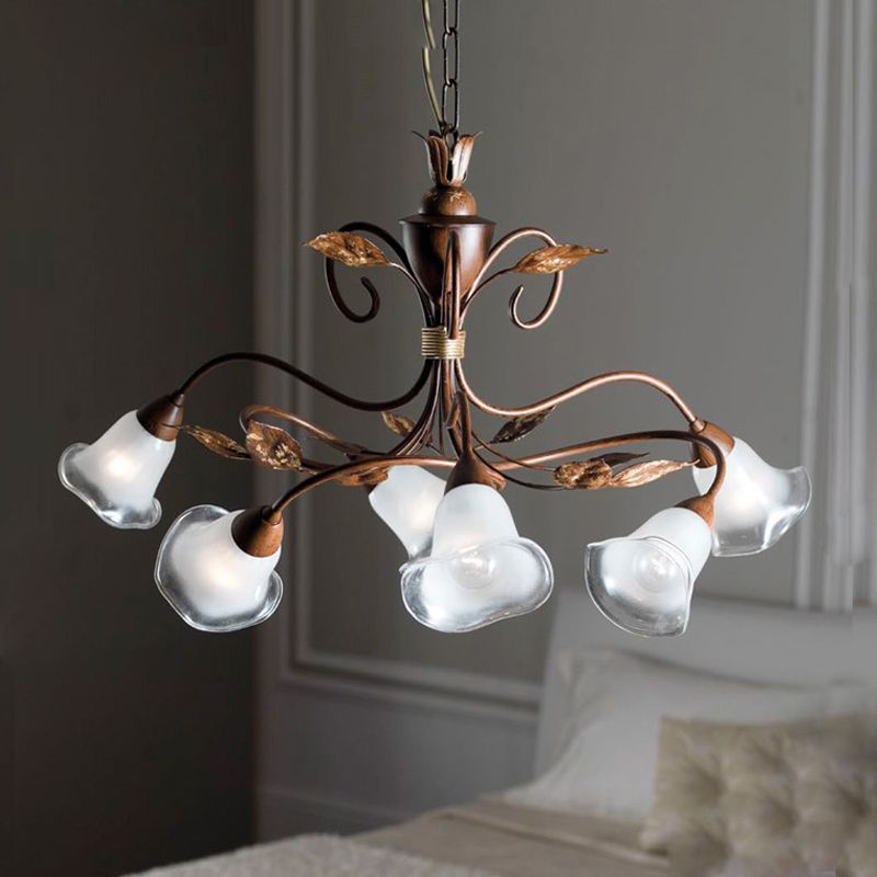 6 Heads Bedroom Hanging Chandelier Contemporary Red Brown Ceiling Pendant Light with Flower Frosted Glass Shade