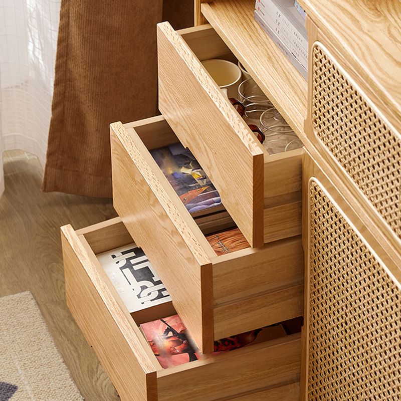 Solid Wood Dining Server Modern Style Rattan Door with 3 Drawers