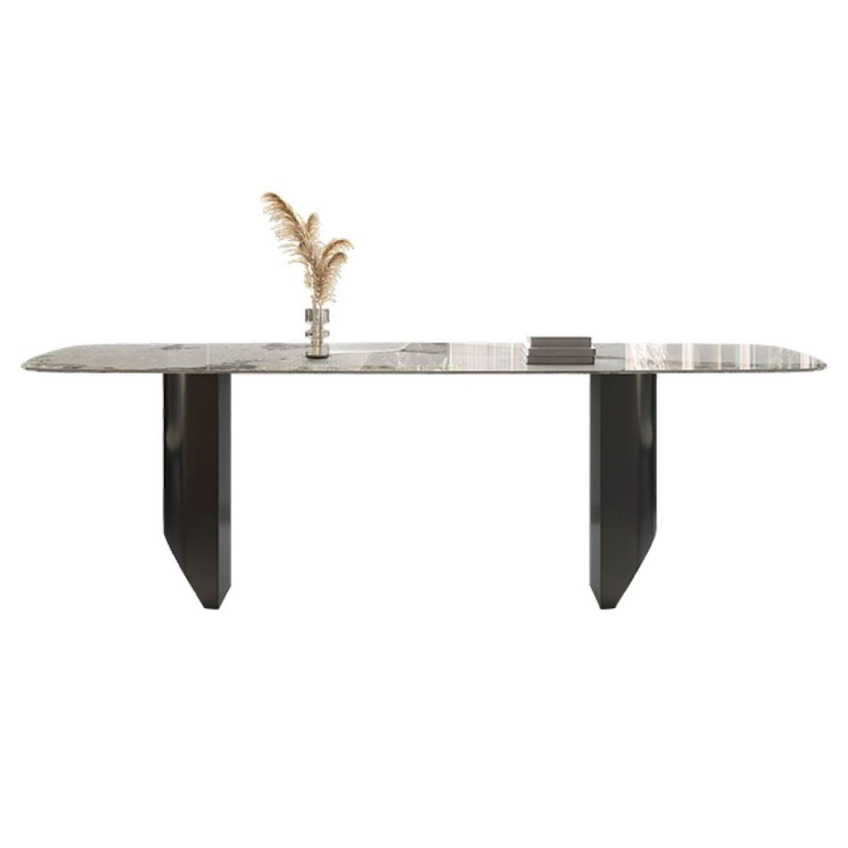 Mesa de comedor con tapa de piedra sinterizada, mesa rectangular con pedestal doble negro