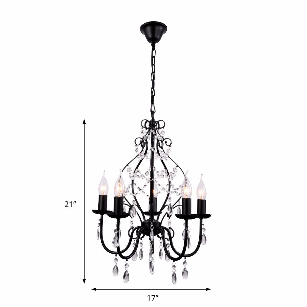 Luminaire de lustre en cristal de style industriel 5 bulbes pendante avec bougie sans flamme en noir