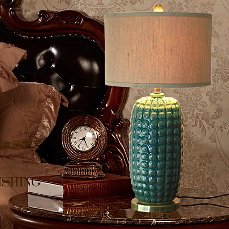 Green Cylindrical Base Nightstand Lamp Retro Porcelain 1 Head Living Room Table Light with Drum Fabric Shade