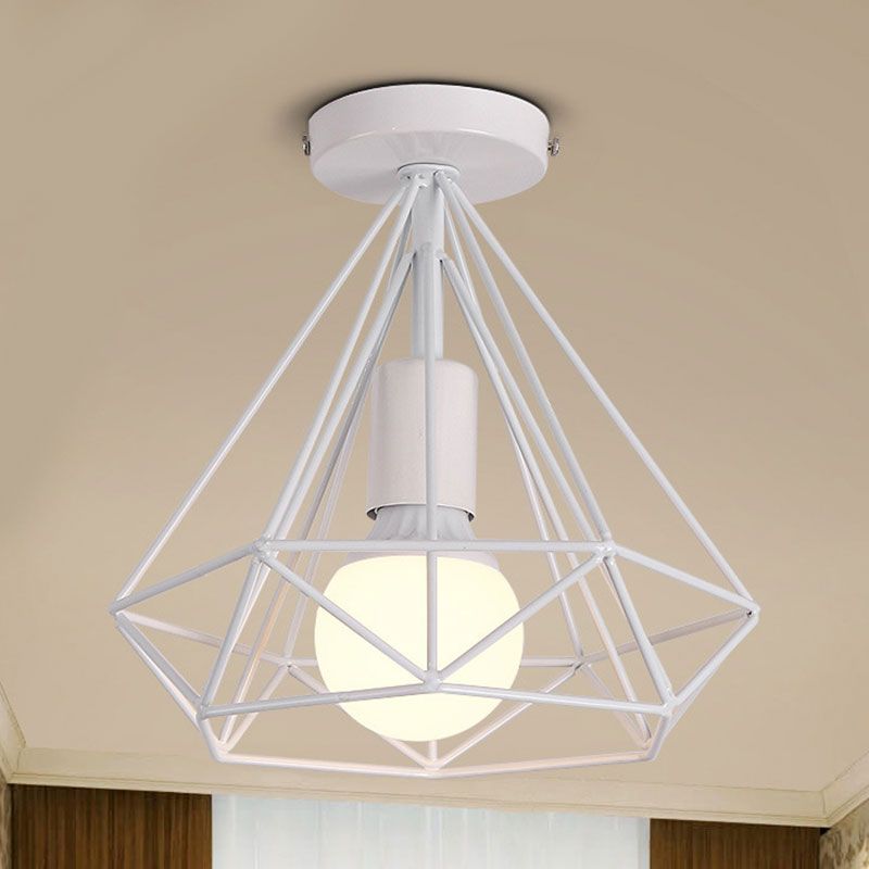 Plafonnier Semi-affleurant à 1 tête, style industriel, Cage en diamant, luminaire de plafond métallique, noir/blanc, pour chambre à coucher