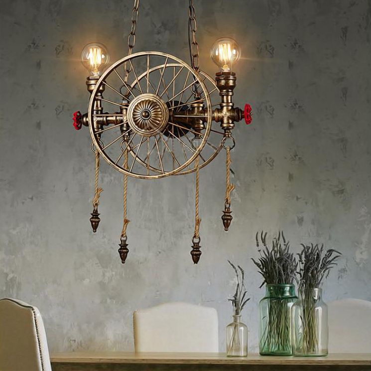 Wheel Design Metal Island Lamp Vintage Stylish 2 Heads Restaurant Island Pendant Lighting in Brass