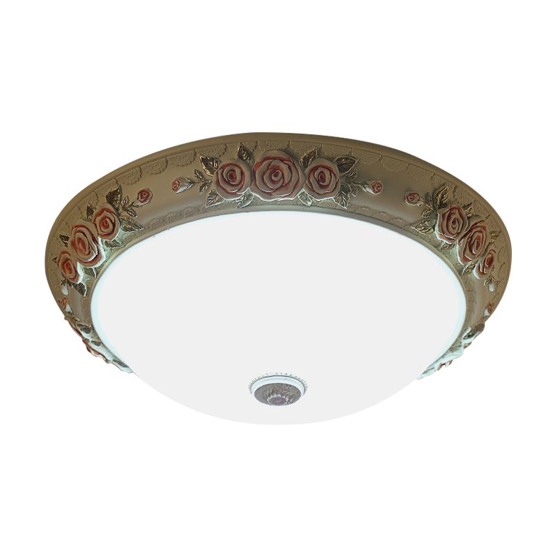 Illuminazione da soffitto vintage a cupola di design LED di vetro bianco con accento floreale, 12 "/16 "/19,5" largo