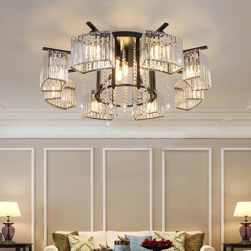 Círculo Semi Flush Techo Accesorio Bloque de cristal moderno Sala de estar Flushmount Light in Black