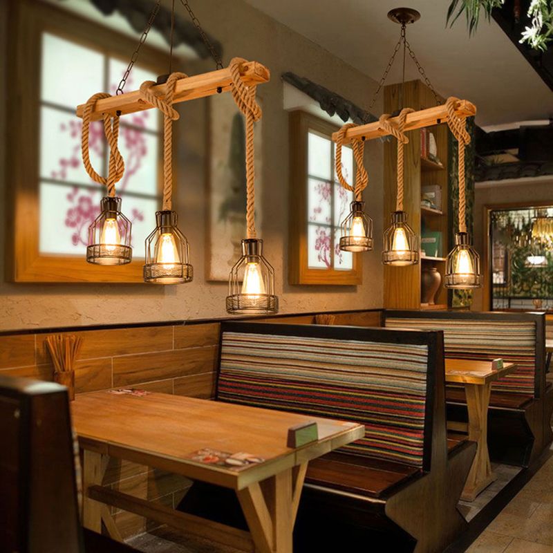 Industrial Wood Pendant Light Linear Shape Island Light with Metal Shade for Bar Counter
