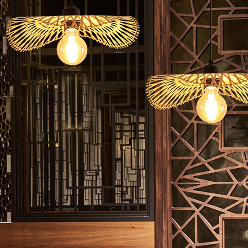 Lotus Leaf Shaped Pendant Light Bamboo 1 Head Hanging Light Fixture for Tea Room