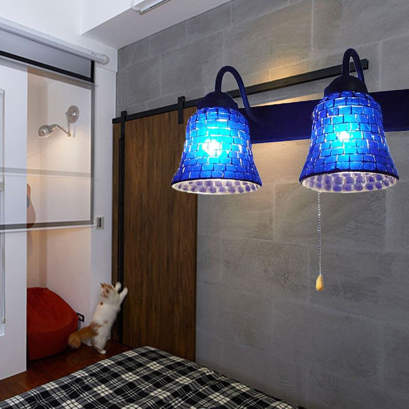 Stained Glass Bell Wall Mounted Light 2 Heads Yellow/Pink/Orange Sconce Light Fixture with Pull Chain Switch