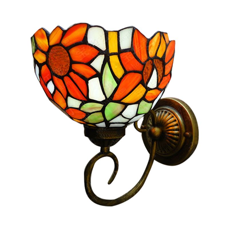 Victorian Sunflower Wall Mounted Light 1 Head Stained Glass Sconce Light in Orange