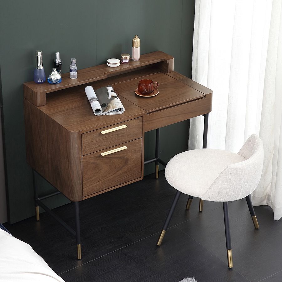 Modern Flip Single Wood Vanity with Padded Stool Lighted Mirror Vanity Desk