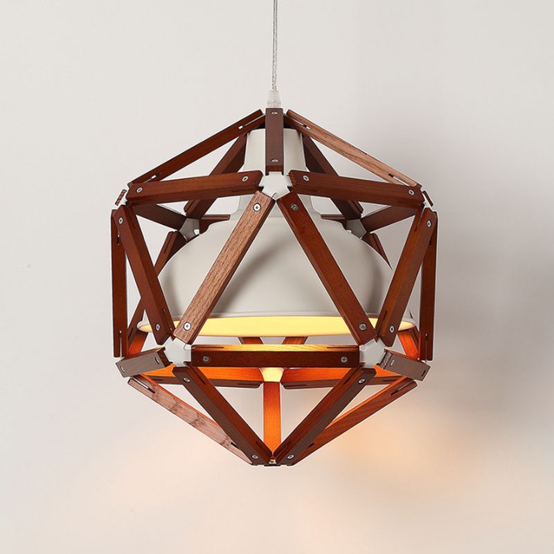 Geometric Kitchen Bar Hanging Light Wood 1-Light Modern Ceiling Pendant in Light/Dark Brown with Inner Bowl Metal Shade