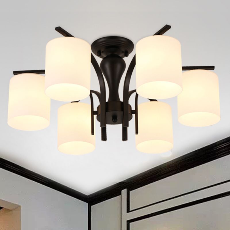 3/5/6 Lights Semi Flush Mount Traditional Cylinder Frosted Glass Ceiling Light in Black for Bedroom