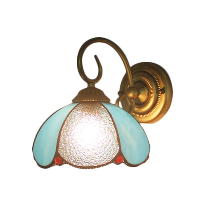 Tiffany Petal Shaped Sconce Light with Curved Arm 1 Light Glass Wall Light in Blue for Study Room