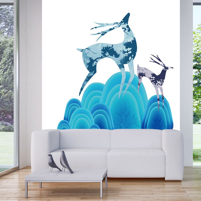 Illustration Deer and Stone Murals for Childrens Bedroom, Blue and Purple, Custom Size Available