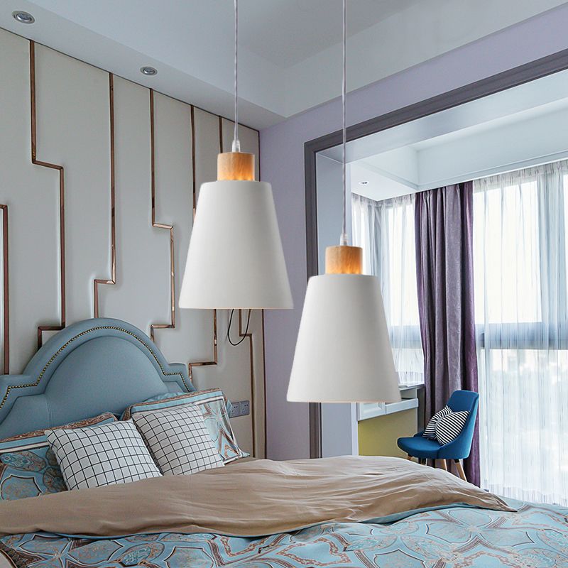 Contemporary Bucket Shade Pendant Lamp Metallic White Finish Hanging Light with Round/Linear Canopy for Hallway