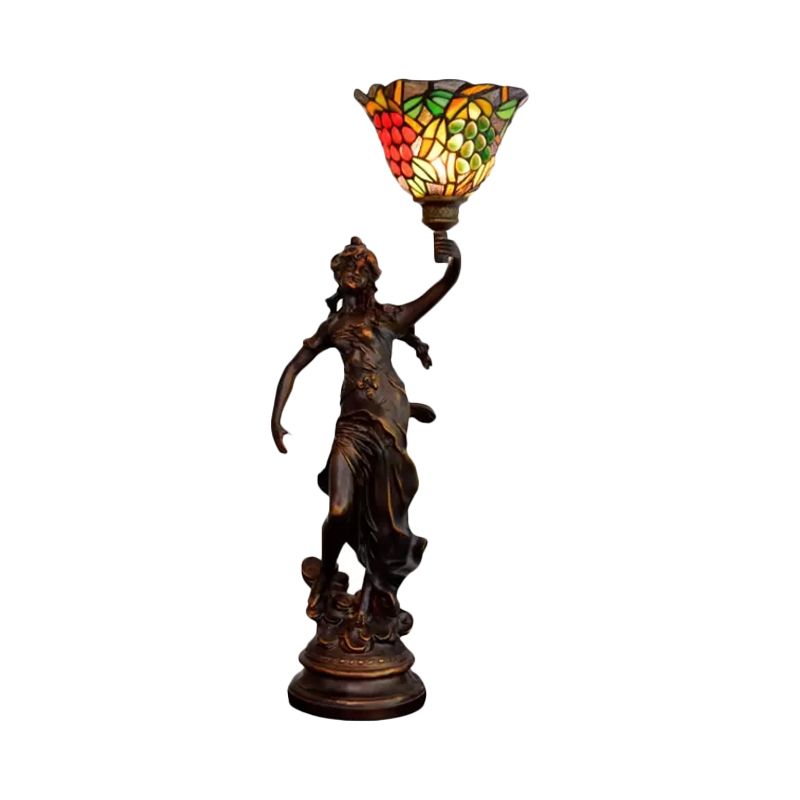 Angel Statue Night Stand Light Single White-Green/Orange/Green Floral Glass Tiffany Table Lighting in Bronze