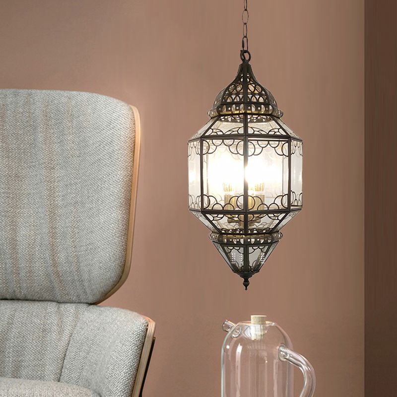 3-Head Pendant Lighting Antiqued Arab Balcony Hanging Chandelier with Lantern Clear Glass Shade in Bronze