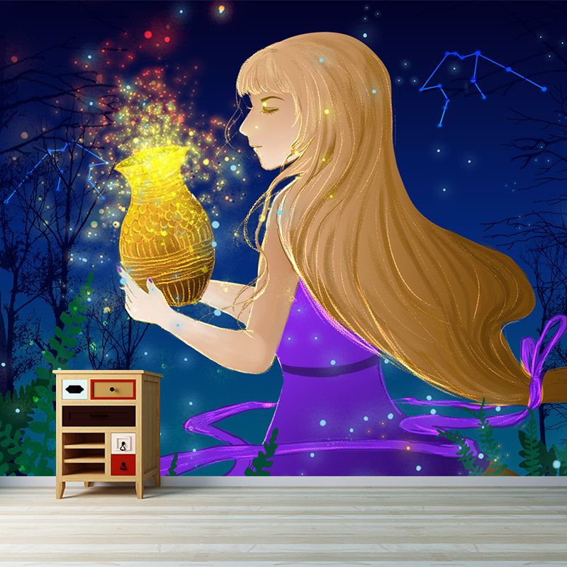 Fairy Constellation Aquarius Mural Childrens Art Non-Woven Wall Covering in Purple-Yellow