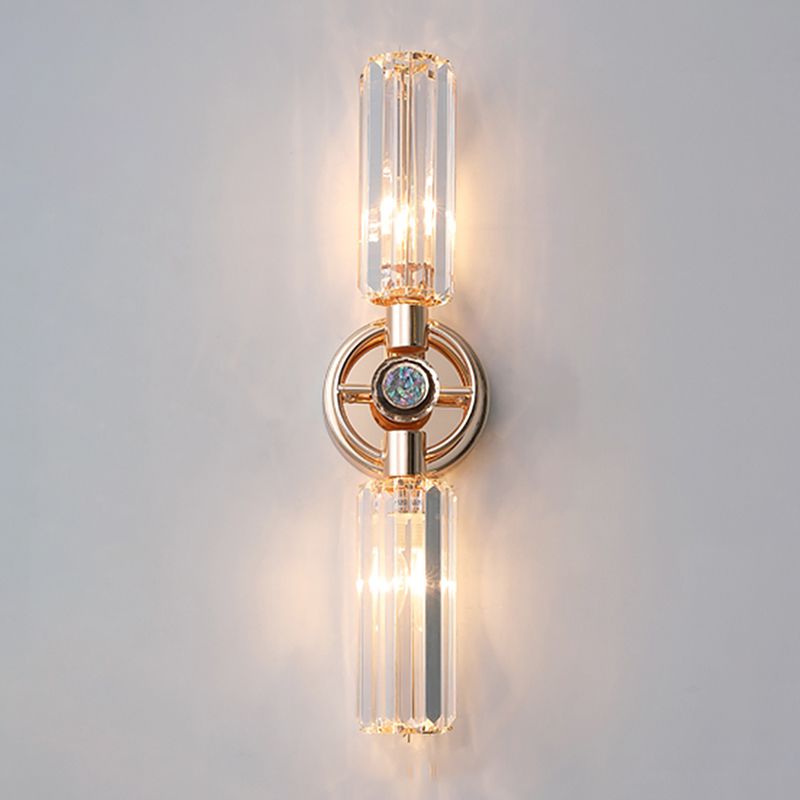 Gold Cylindrical Wall Lamp in Modern Luxury Style Wrought Iron 2-Light Wall Sconce with Crystal Shade