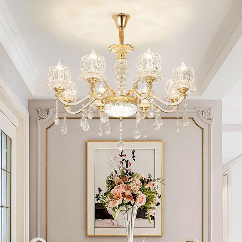 Ribbed Crystal Flower Ceiling Lighting Traditional Living Room Chandelier Light with Crystal Draping in Clear