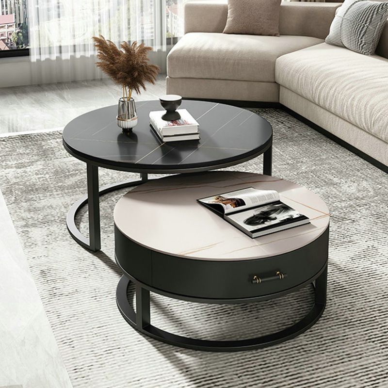Round Slate Top Coffee Table Set Frame Cocktail Table with Storage Drawers