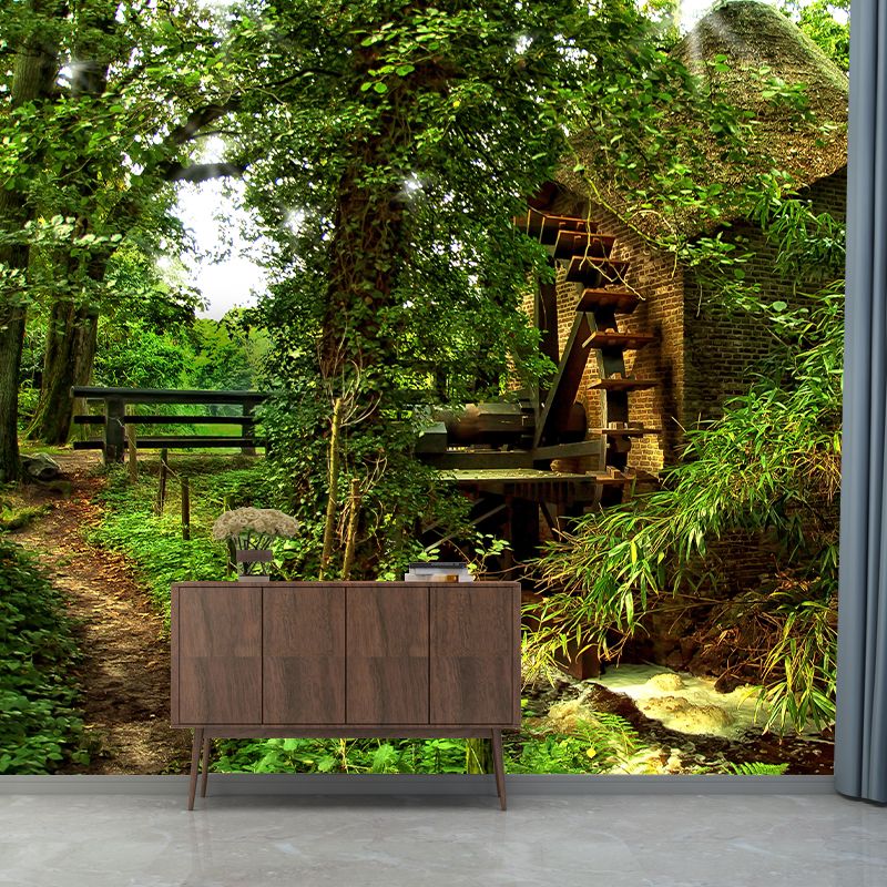 Photography Country Mural Wallpaper with Water Mill Painting for Home Decor