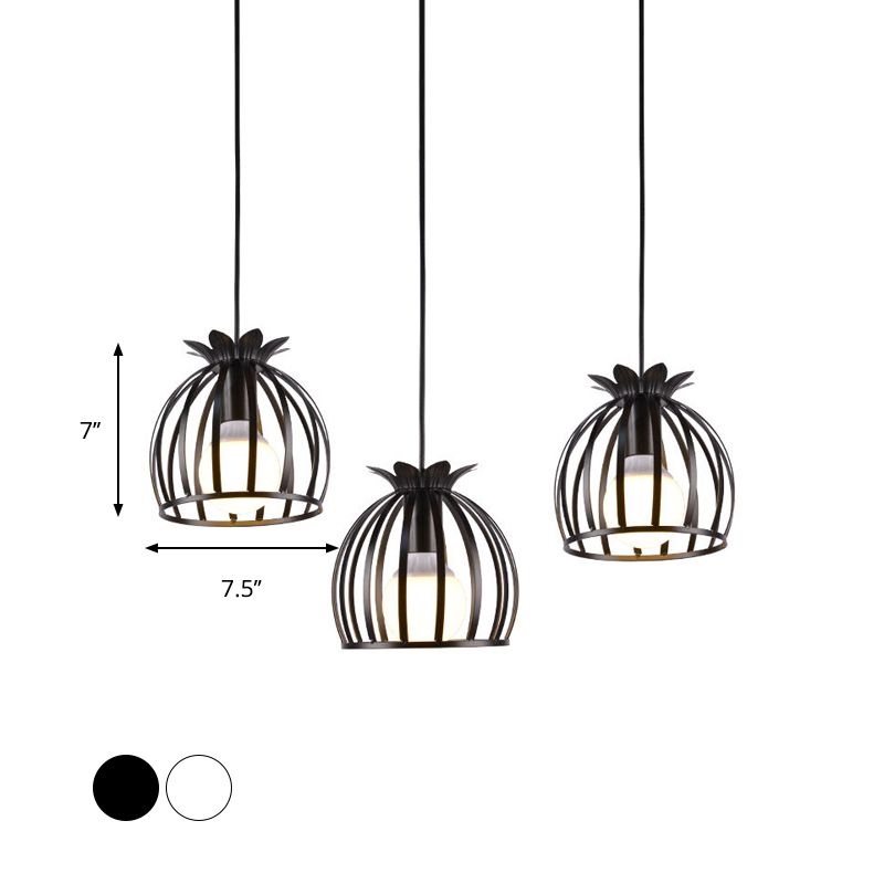 3 Heads Pendant Lighting with Dome Cage Shade Metallic Loft Style Dining Room Suspended Lamp in Black/White