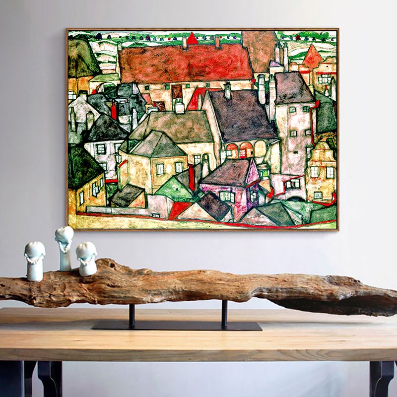 Green Kids Wall Art Decor Egon Schiele Yellow Town Painting Canvas Print for Bedroom