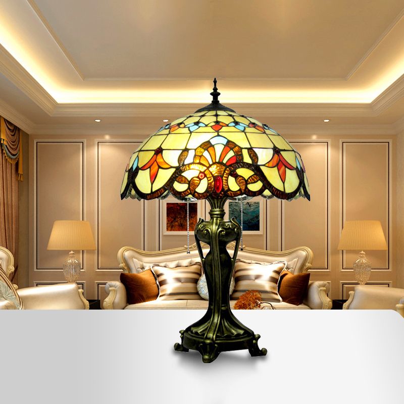 Villa Sunflower Desk Light with Pull Chain Stained Glass 2 Lights Rustic Tiffany Reading Light in Orange/Beige