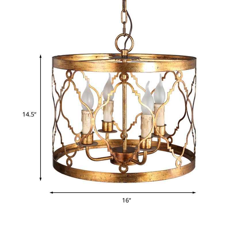 Metal Drum Shade Chandelier Lamp Retro 4-Head Bedroom Pendant Ceiling Light in Gold