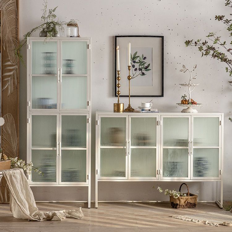 Industrial Metal Cabinet in White Distressed Chest with Glass Paned