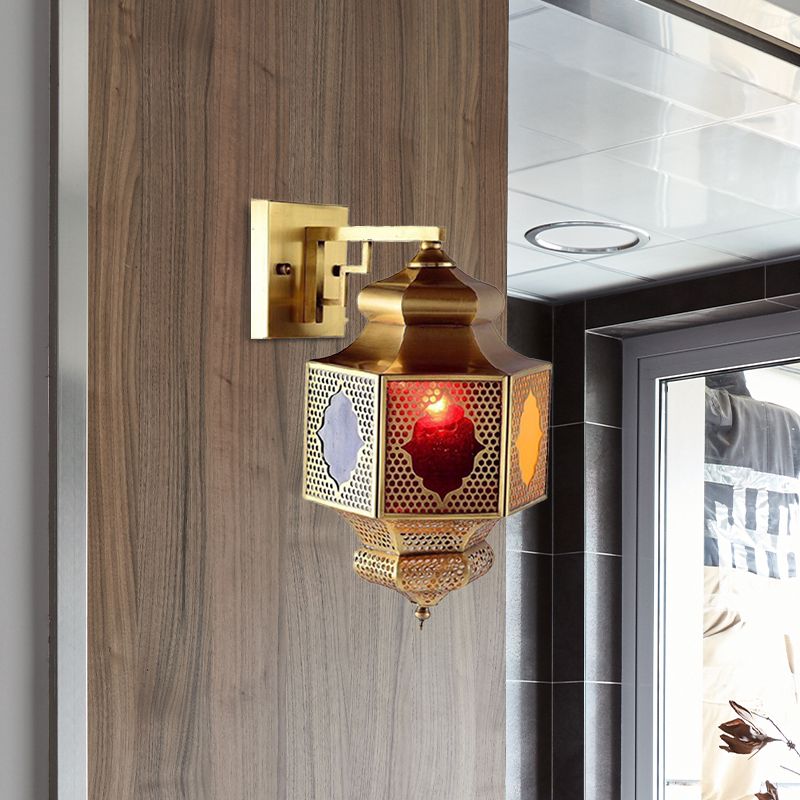 Metal Lantern Sconce Lighting Arab 1-Head Balcony Wall Mounted Ceiling Lamp in Brass