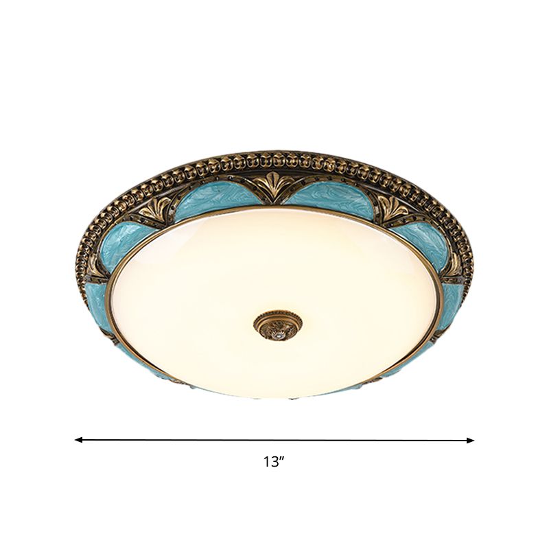 Lámpara de techo con diseño floral azul, accesorio de montaje empotrado LED de cristal crema de estilo antiguo para dormitorio, 13 "/ 16"/19,5 "de ancho