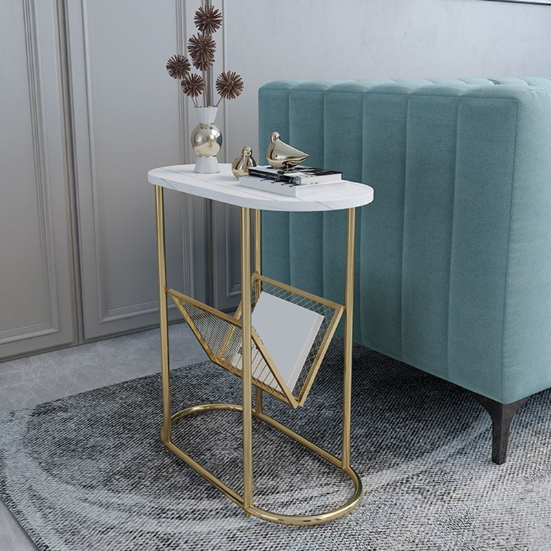 24.8" Tall Iron Frame Base End Table Oval Slate Top Side Table with Magazine Holder
