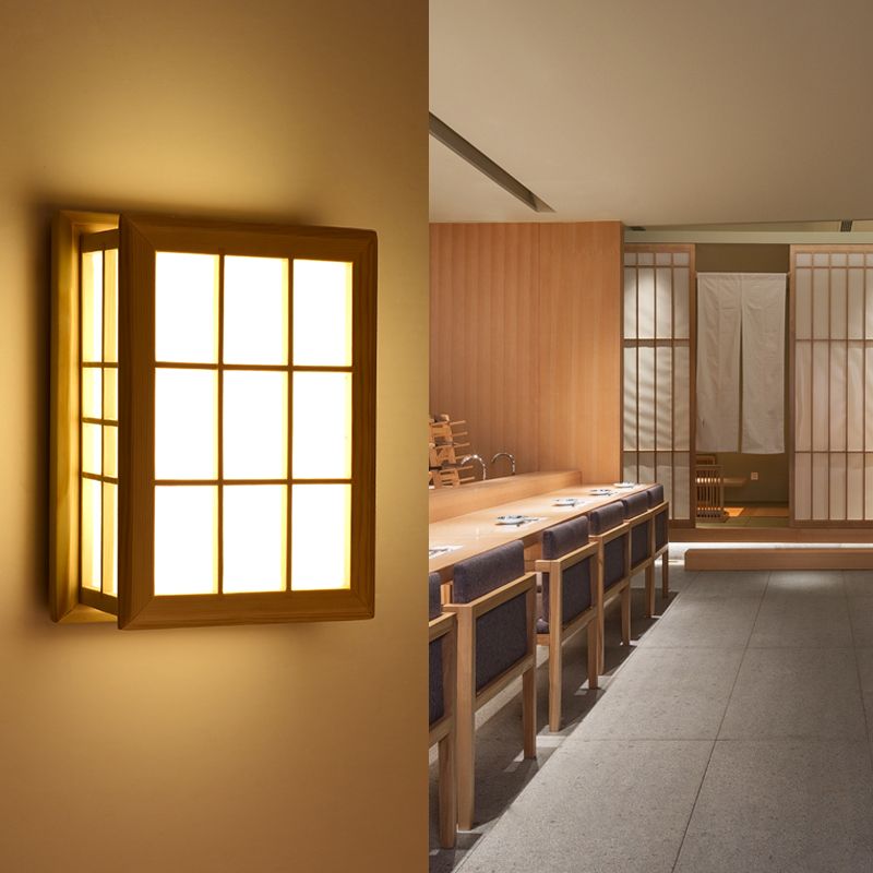 Japanese Style Wooden Wall Light Cuboid LED Wall Lamp with PVC Shade for Living Room