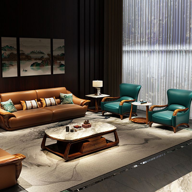 Traditional Wood Living Room Armchair Real Aniline Leather Accent Armchair
