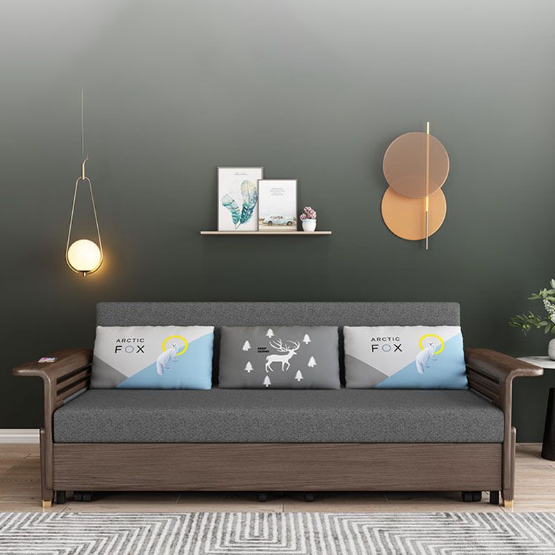 Fabric Sofa Bed with 3 Pillows Solid Wood Sofa in Walnut Finish