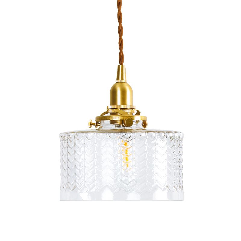 Drum Clear Textured Glass Pendant Colonialist 6"/8" W 1 Head Living Room Hanging Ceiling Light in Gold