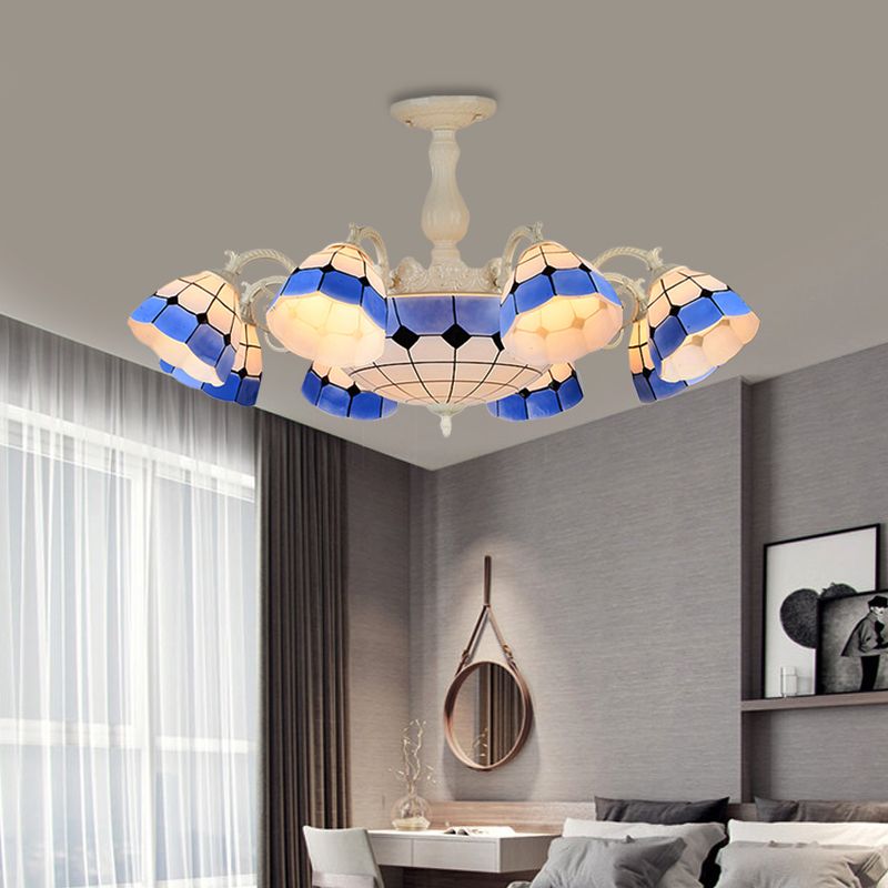 9/14 Luces Semi Flush Lightsing Lámpara de techo de vidrio de corte azul estampado de estilo Tiffany para sala de estar para sala de estar