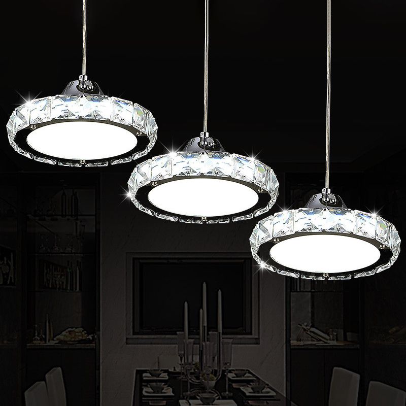 Chrome Finish Circular LED Pendant Modern Crystal Embedded Hanging Ceiling Light