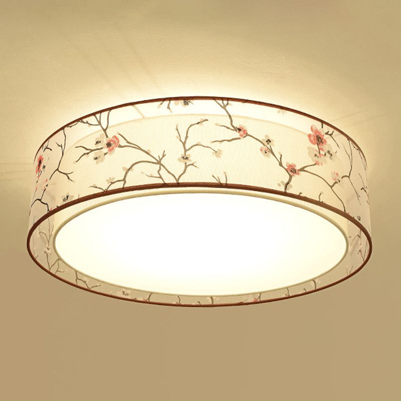 Plafonnier tambour à 3 lumières, luminaire encastré en tissu blanc rustique avec abat-jour imprimé prune