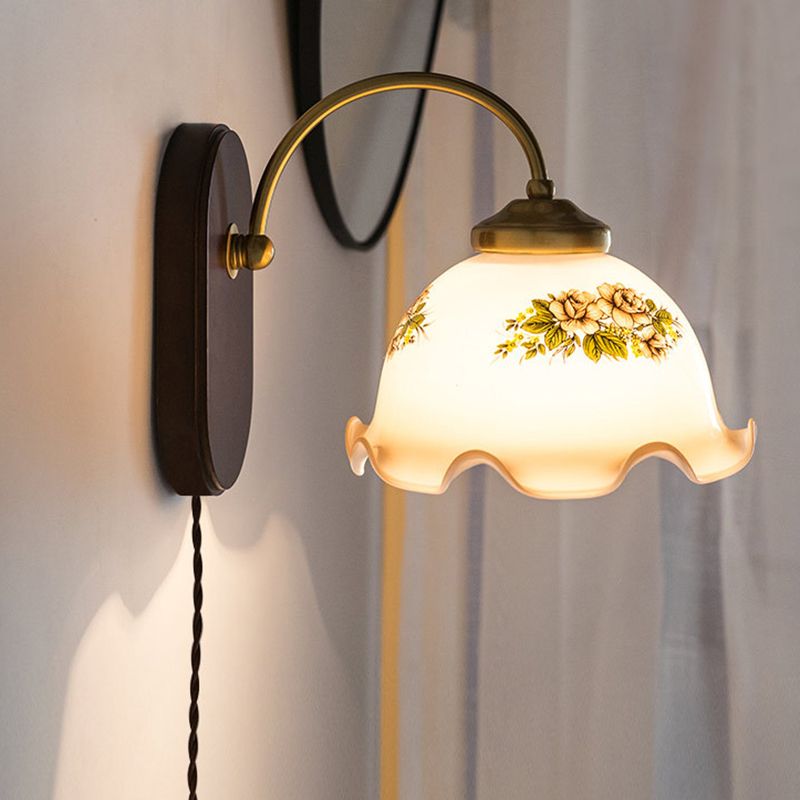 Modern Wood Wall Sconce Flower Shape Vanity Lamp with Glass Shade for Bathroom