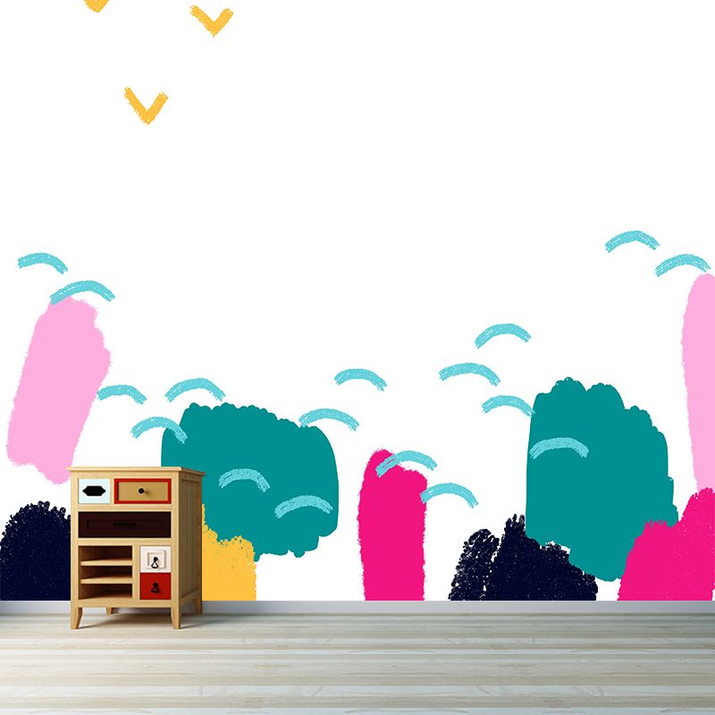 Large Childrens Art Wallpaper Mural Green Forest and Gull Painting Wall Decor, Custom Print