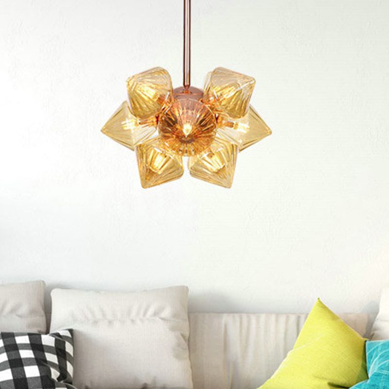 Pyramid Living Room Chandelier Lamp Amber Glass 9/12 Bulbs Modern Pendant Lighting Fixture