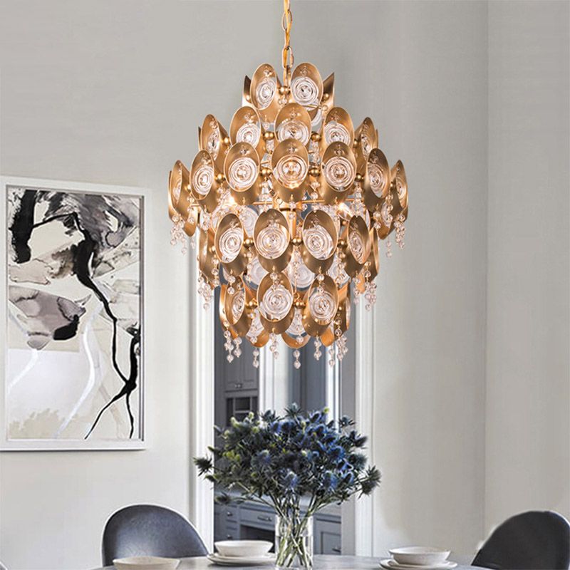 5 Lights Chandelier Traditional-Style Round Crystal Hanging Pendant Light in Gold