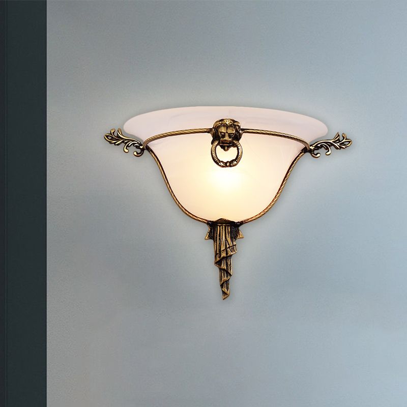 1-Head Domed Sconce Light Traditional Brass Frosted Glass Wall Mount Lighting for Corridor