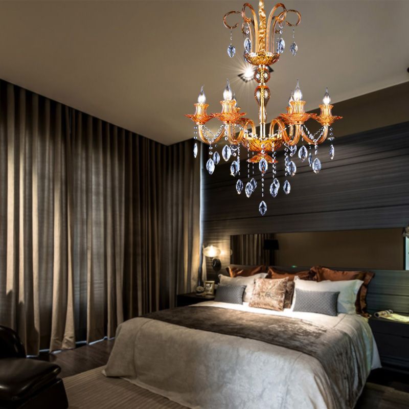 Éclairage de lustre en or en verre 6 têtes 6 têtes Salle de restauration Lamping avec goutte