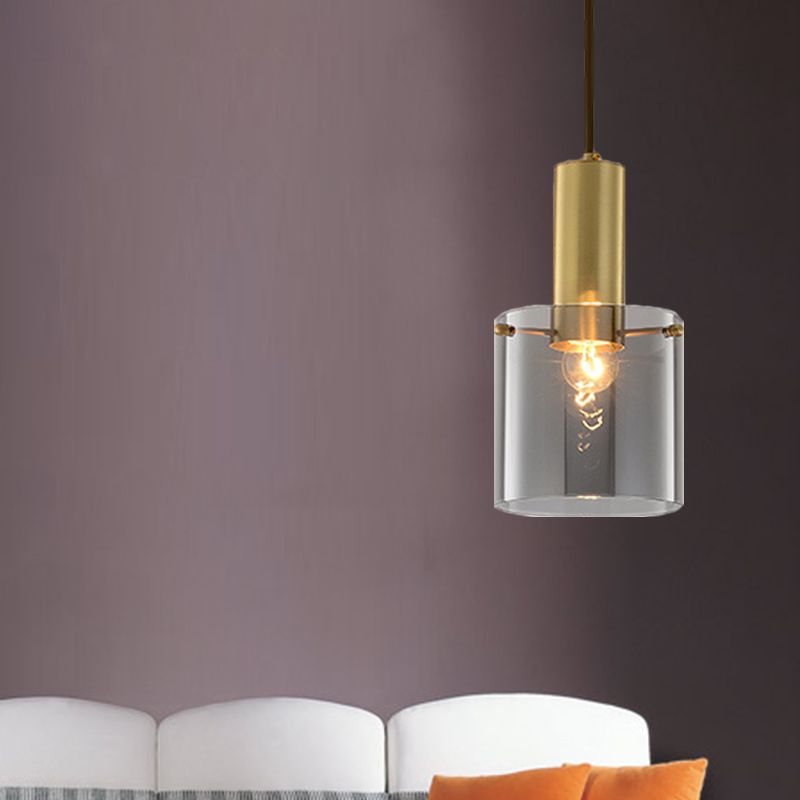 Cylinder Pendant Light Modern Clear Glass 1 Head Brass Hanging Ceiling Light for Dining Room